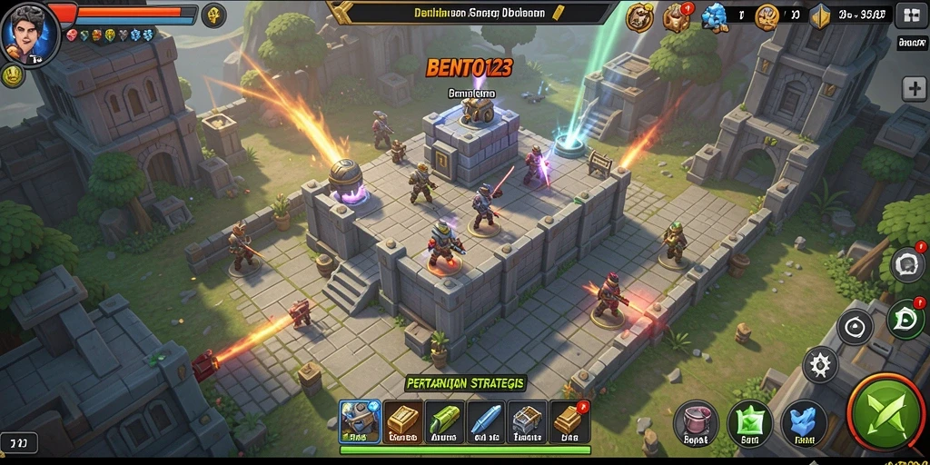 Screenshot gameplay BENTO123 menampilkan aksi menara saat melawan musuh.