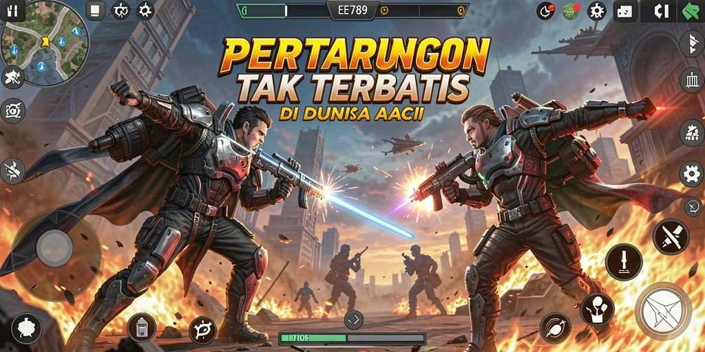 Screenshot gameplay EE789 menampilkan aksi intens dalam pertempuran.