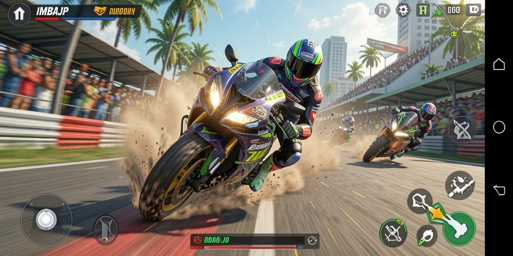 Screenshot gameplay IMBAJP yang menunjukkan aksi balapan motor yang seru.
