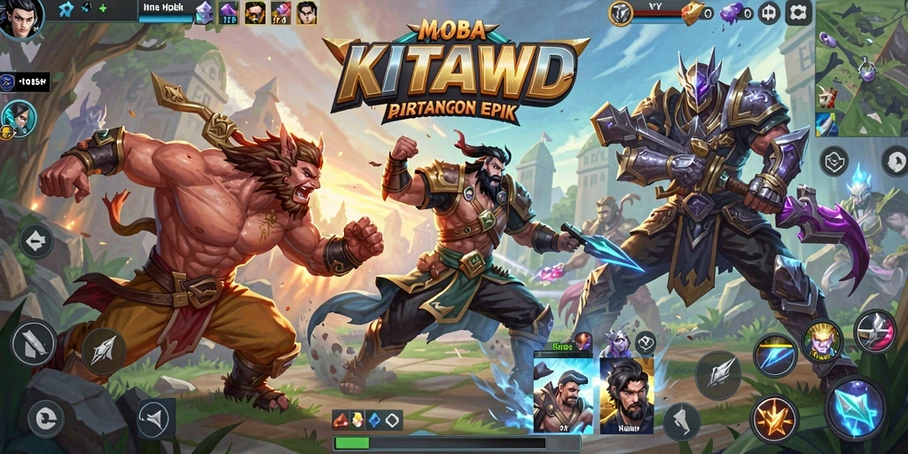 Screenshot utama KITAWD menampilkan pertempuran seru di arena MOBA.