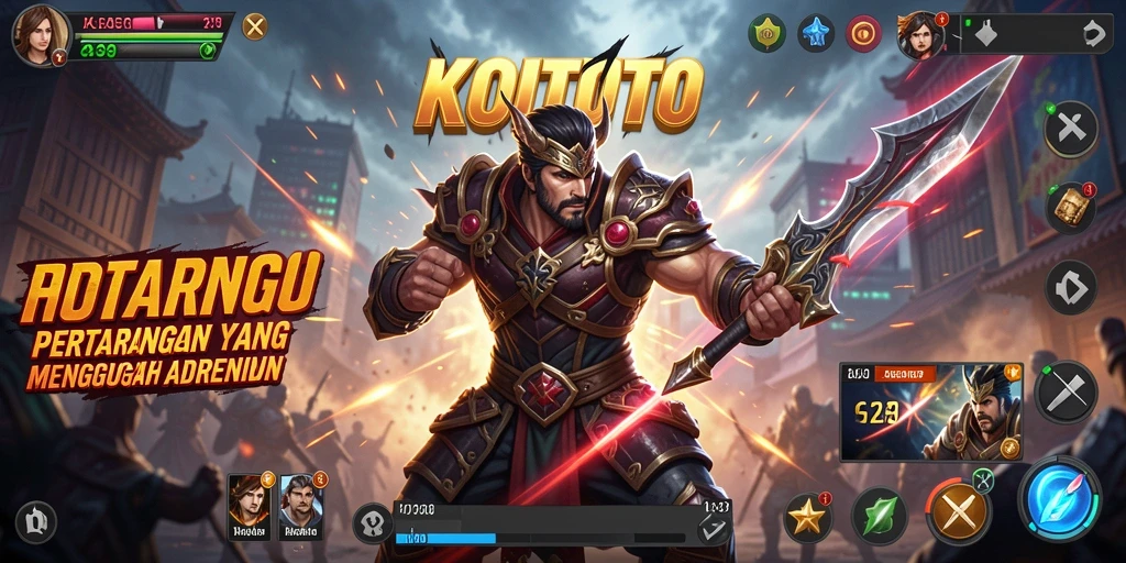 Gambar utama layar permainan KOITOTO menunjukkan aksi pertarungan yang menarik.