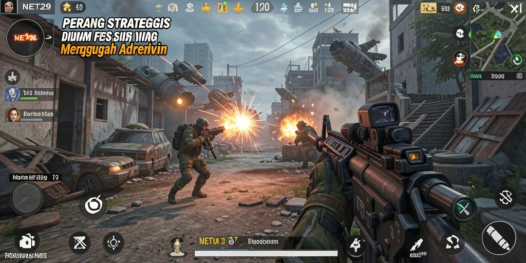 Screenshot gameplay NET29, menunjukkan aksi tembak-menembak yang intens.