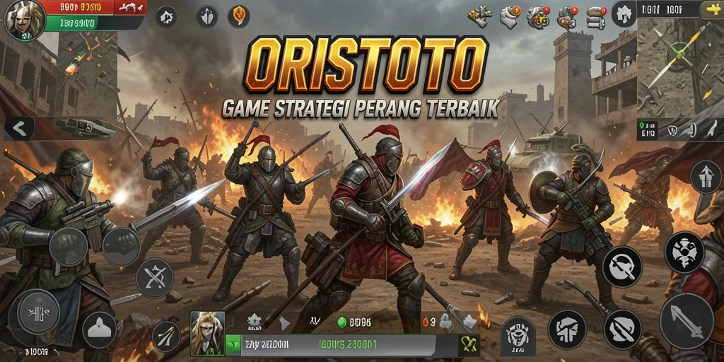 Tangkapan layar gameplay ORISTOTO yang menunjukkan suasana pertempuran antar pasukan.