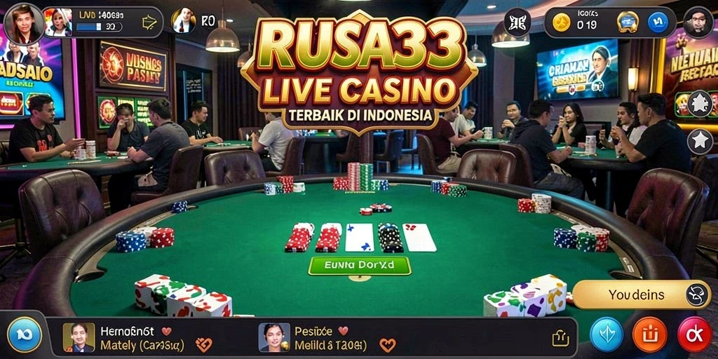 Screenshot gameplay RUSA33 menampilkan dealer cantik dan meja permainan Live Casino.