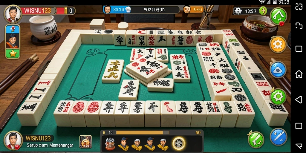 Screenshot gameplay WISNU123 menampilkan suasana permainan Mahjong yang seru.